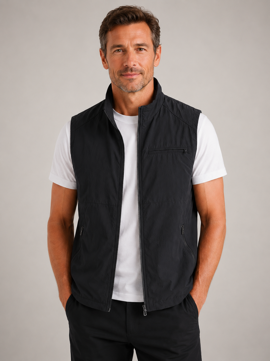 Men’s Outdoor Gilet Jacket with Zipper and Turn-Down Collar