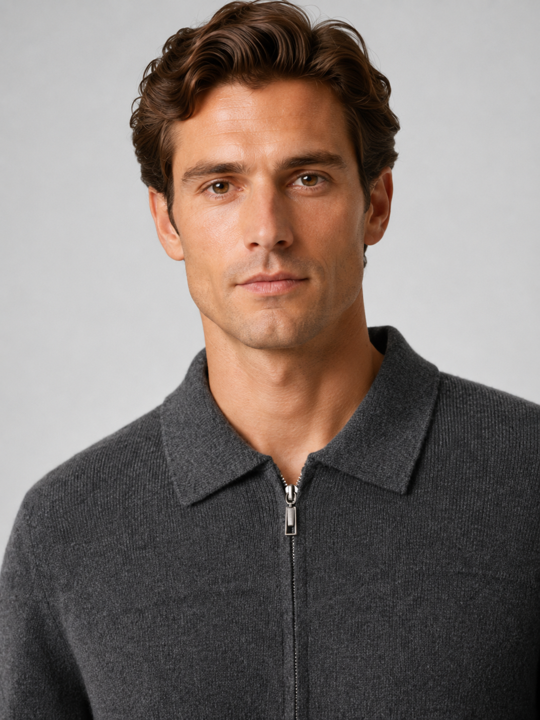 Men’s Ribbed Knit Zip Cardigan with Polo Collar