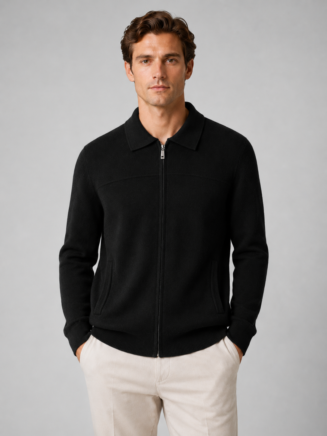 Men’s Ribbed Knit Zip Cardigan with Polo Collar