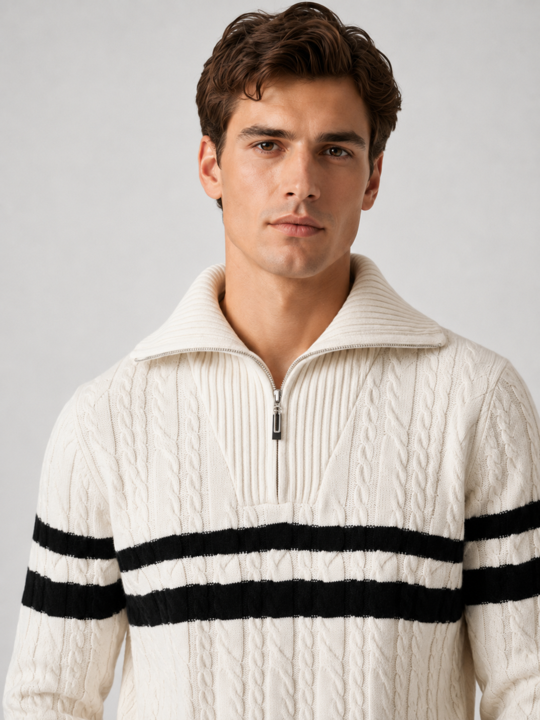 Men’s Striped Half-Zip Knit Sweater with Mock Neck