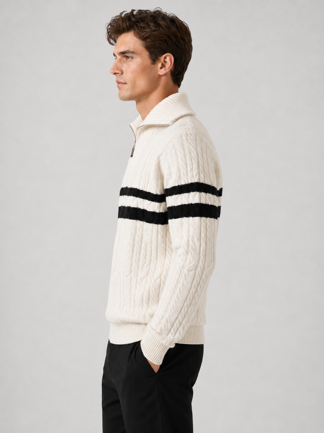 Men’s Striped Half-Zip Knit Sweater with Mock Neck