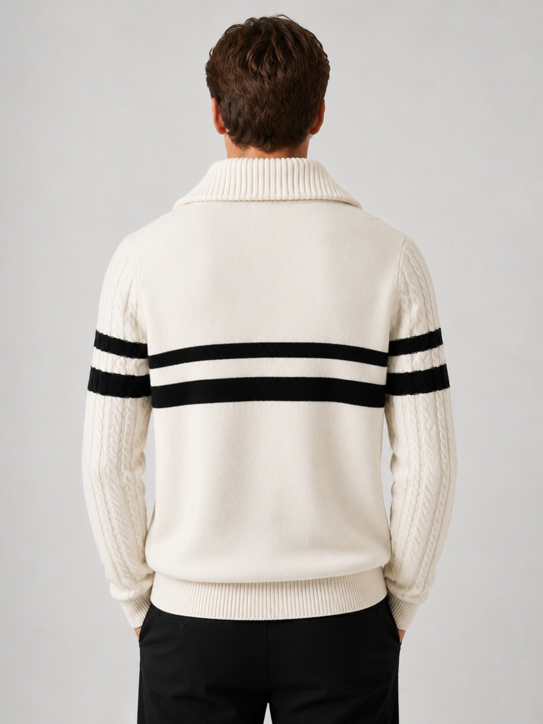 Men’s Striped Half-Zip Knit Sweater with Mock Neck