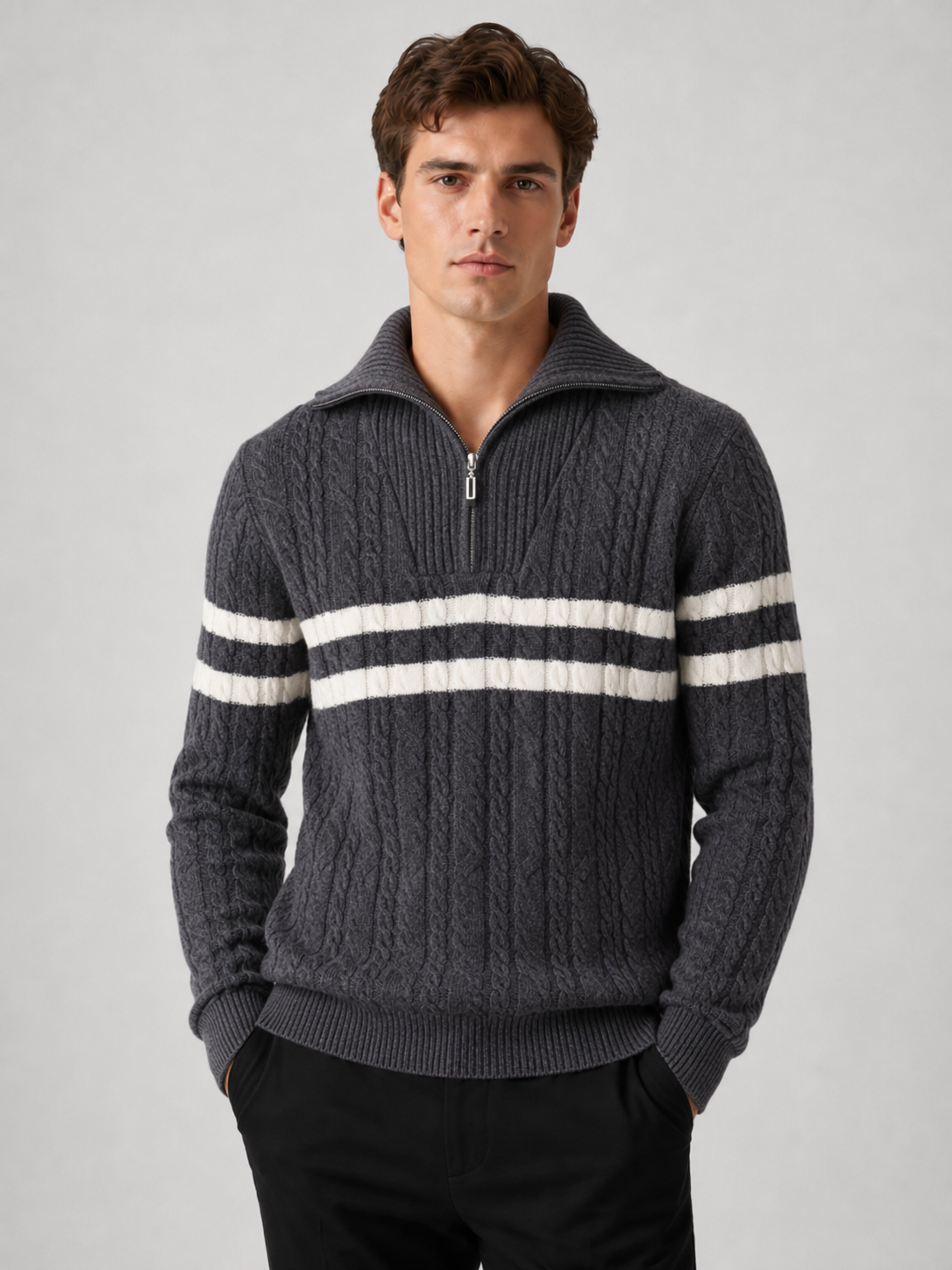 Men’s Striped Half-Zip Knit Sweater with Mock Neck