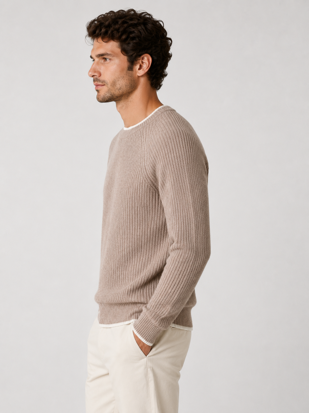 Men’s Two-Tone Crew Neck Knit Sweater with Ribbed Trim