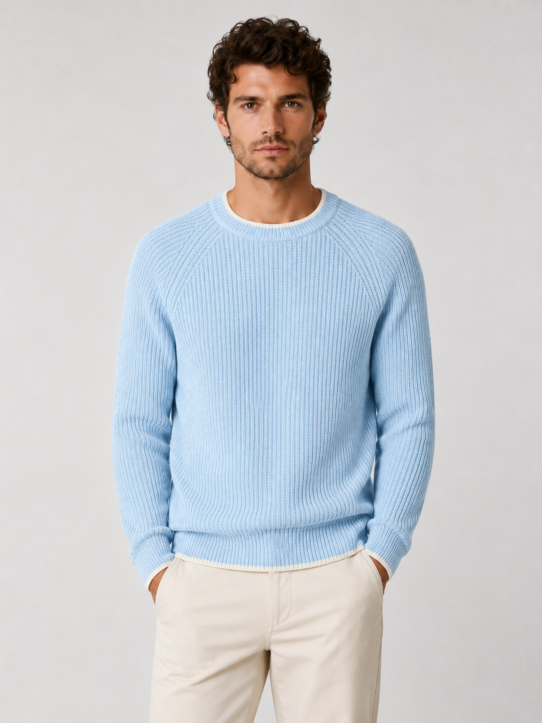 Men’s Two-Tone Crew Neck Knit Sweater with Ribbed Trim
