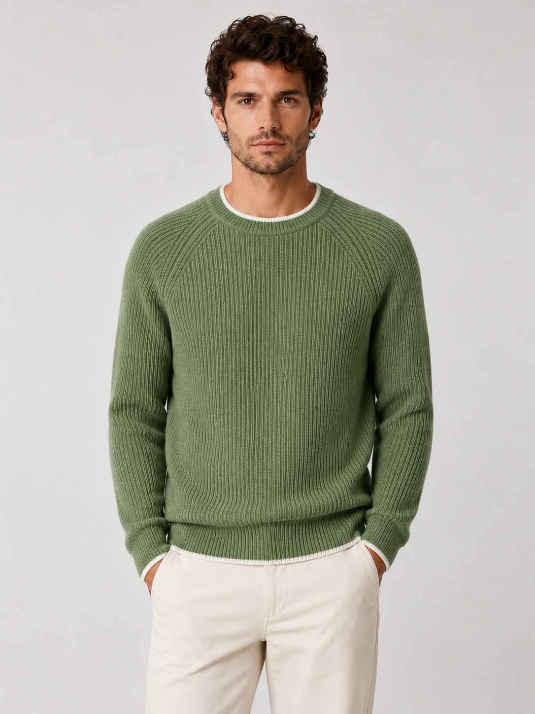 Men’s Two-Tone Crew Neck Knit Sweater with Ribbed Trim