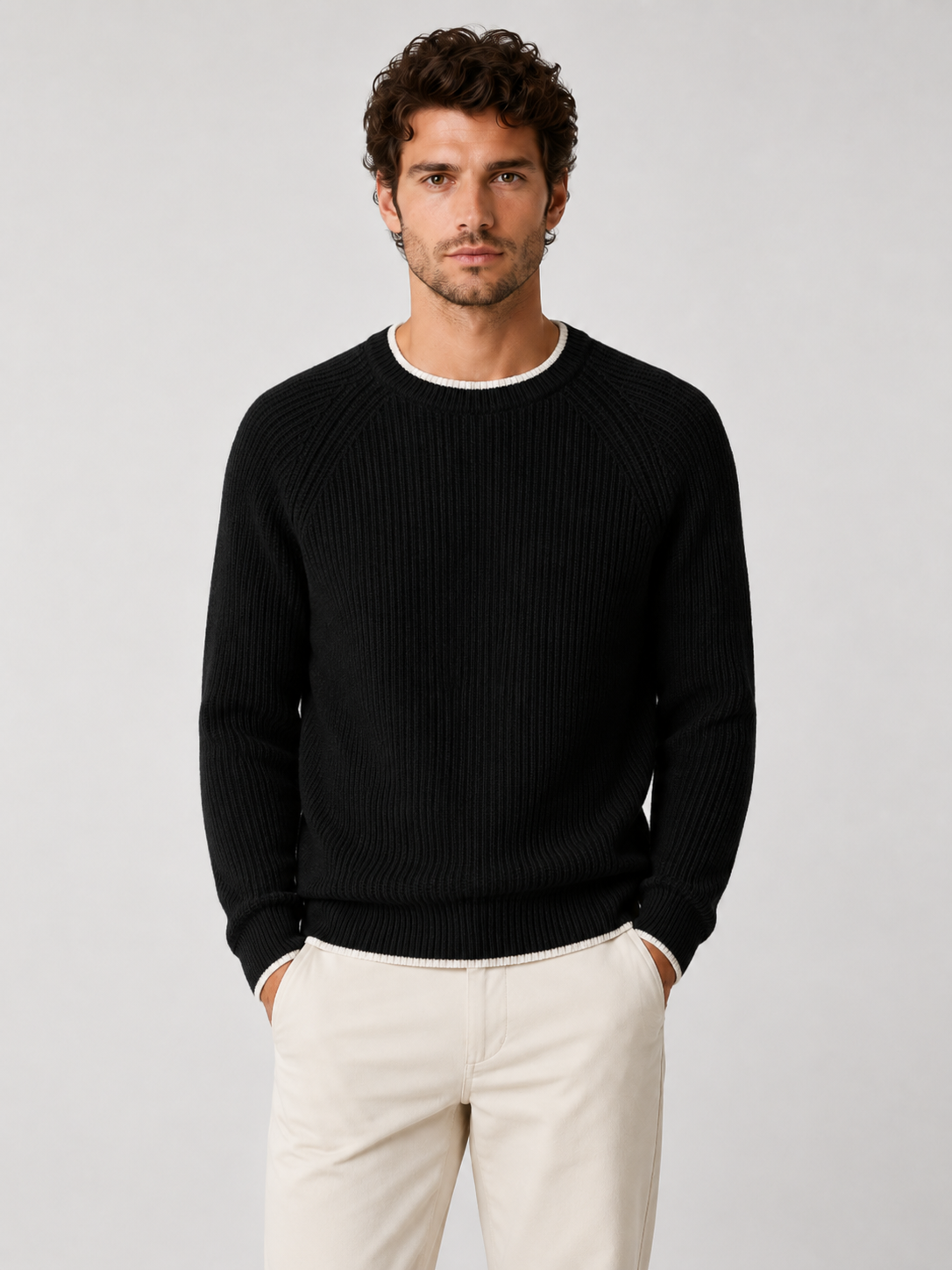 Men’s Two-Tone Crew Neck Knit Sweater with Ribbed Trim