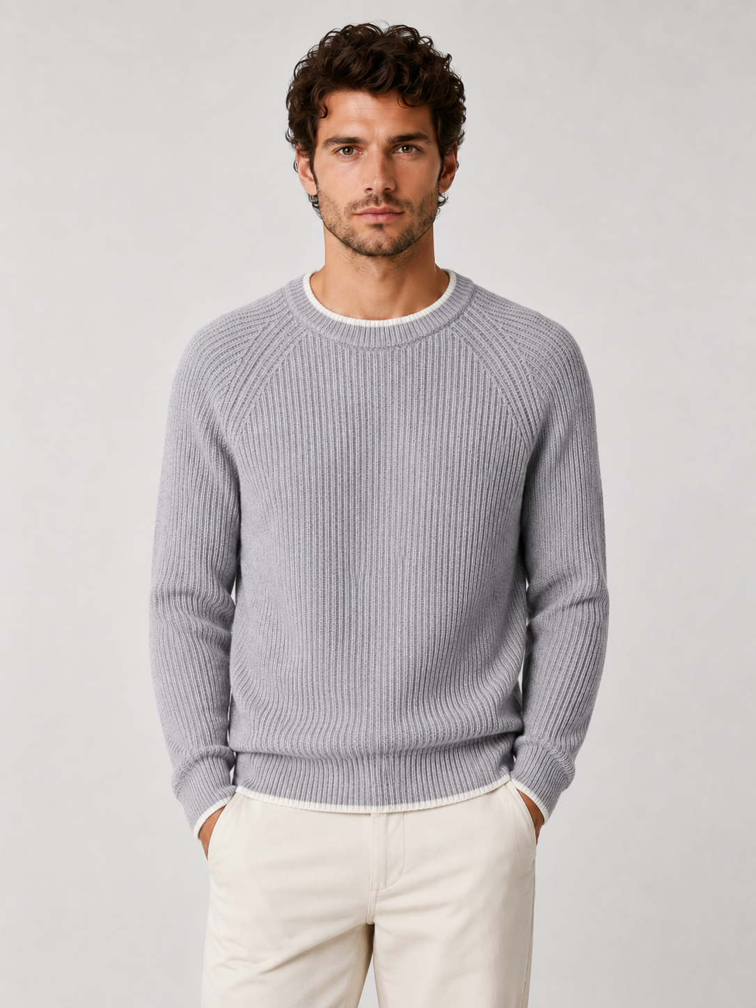 Men’s Two-Tone Crew Neck Knit Sweater with Ribbed Trim
