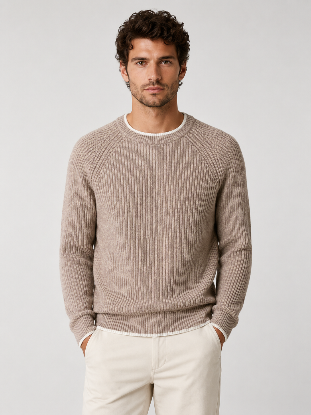Men’s Two-Tone Crew Neck Knit Sweater with Ribbed Trim