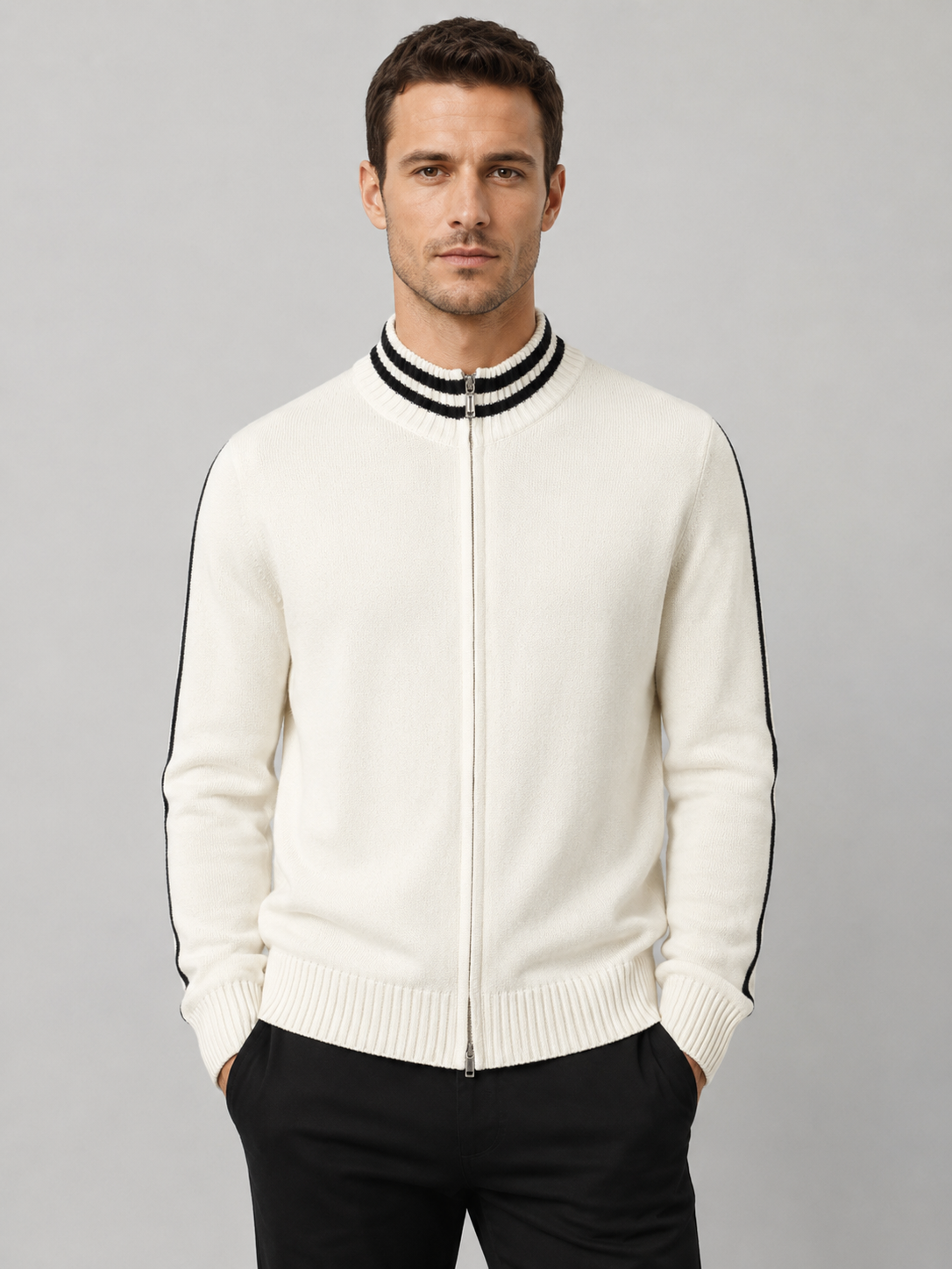 Men’s Zip Knit Cardigan with Contrast Collar