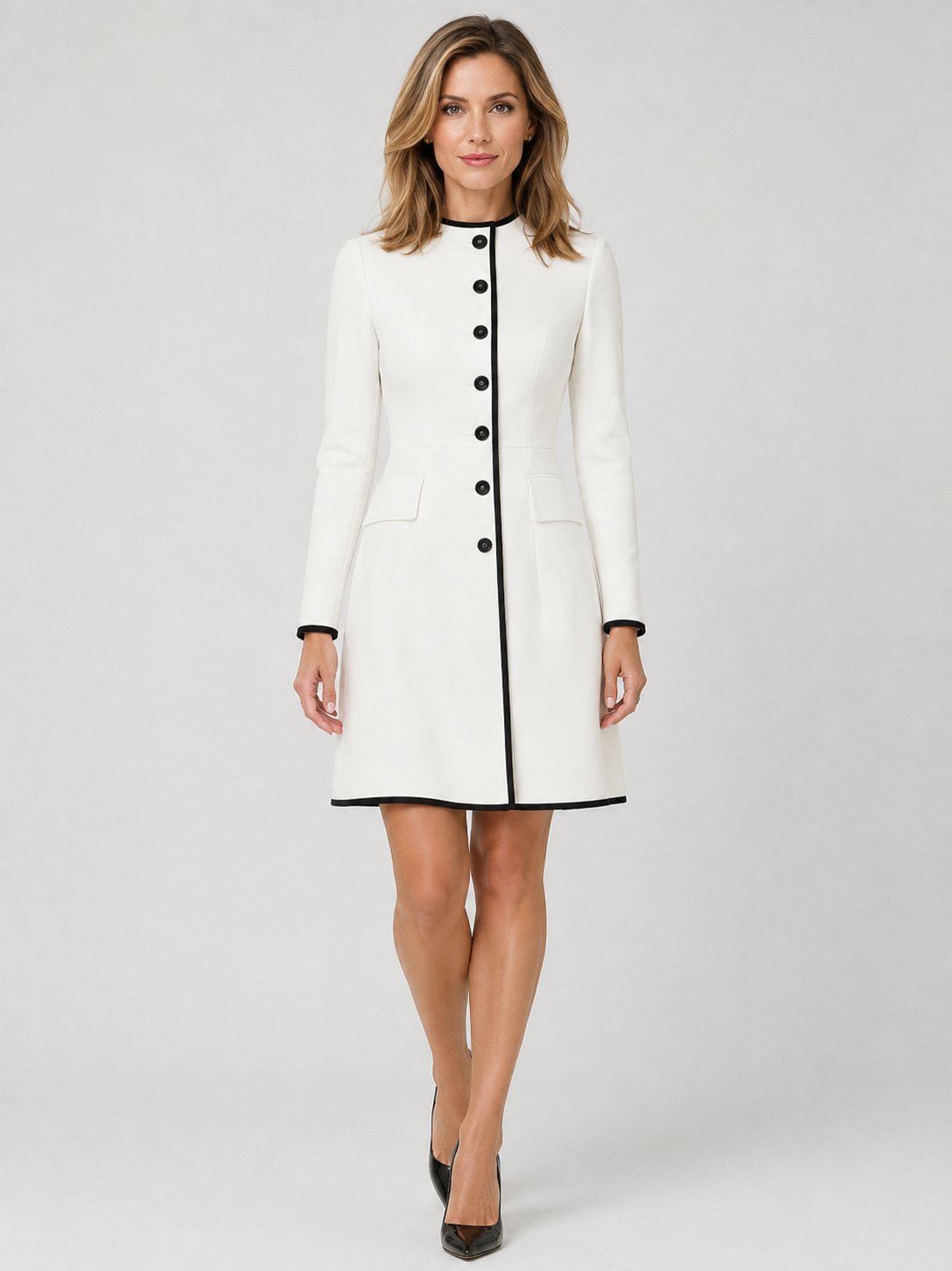 Women’s Contrast-Trim Mini Dress with Front Buttons