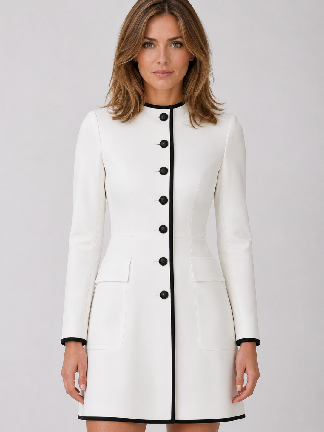 Women’s Contrast-Trim Mini Dress with Front Buttons