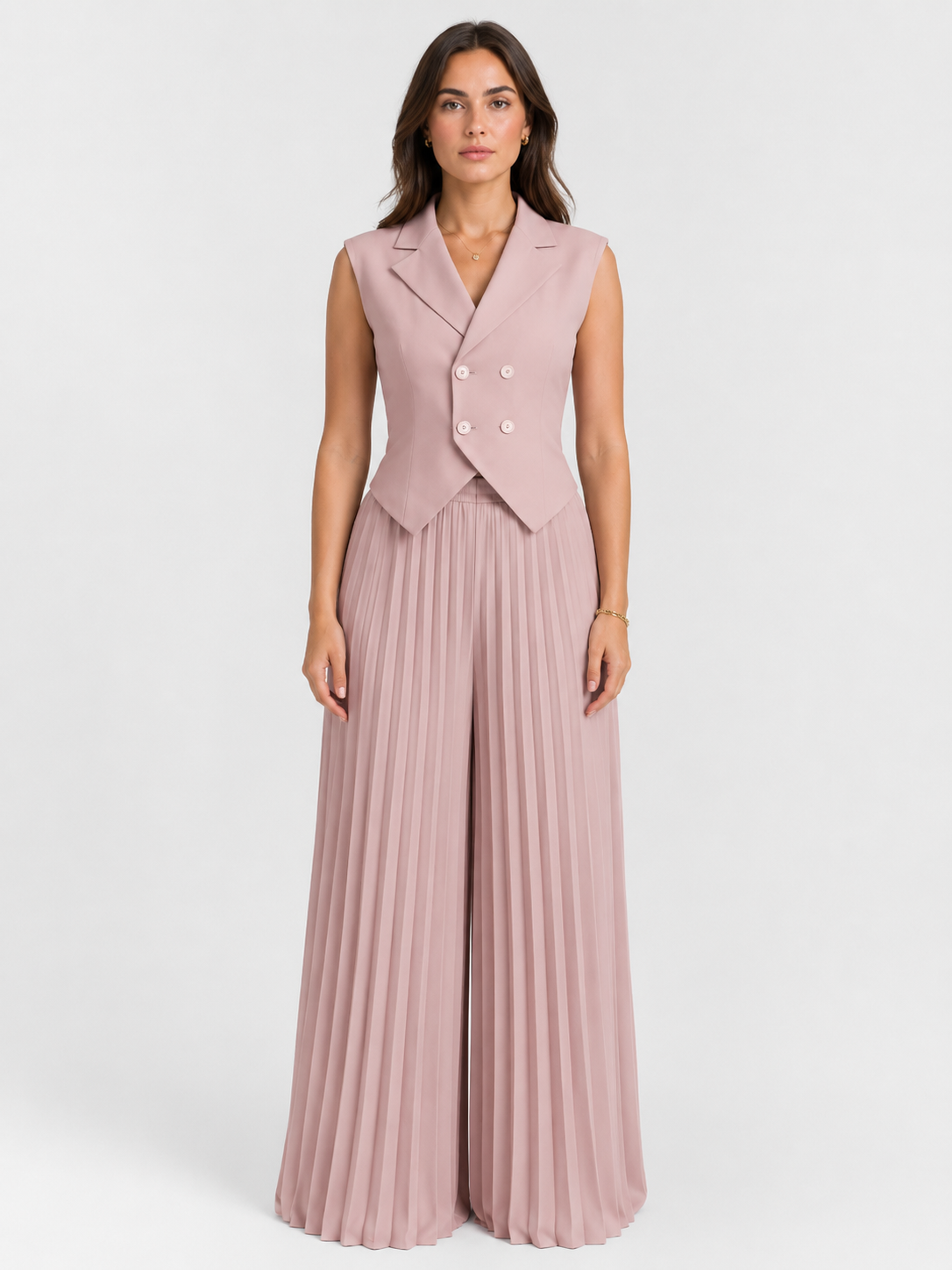 Women’s Double-Breasted Vest Set with Pleated Wide-Leg Pants