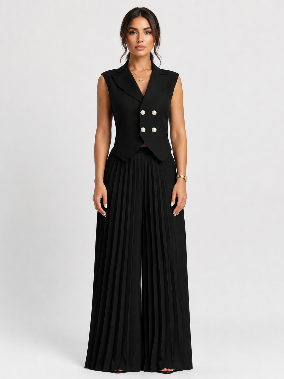 Women’s Double-Breasted Vest Set with Pleated Wide-Leg Pants