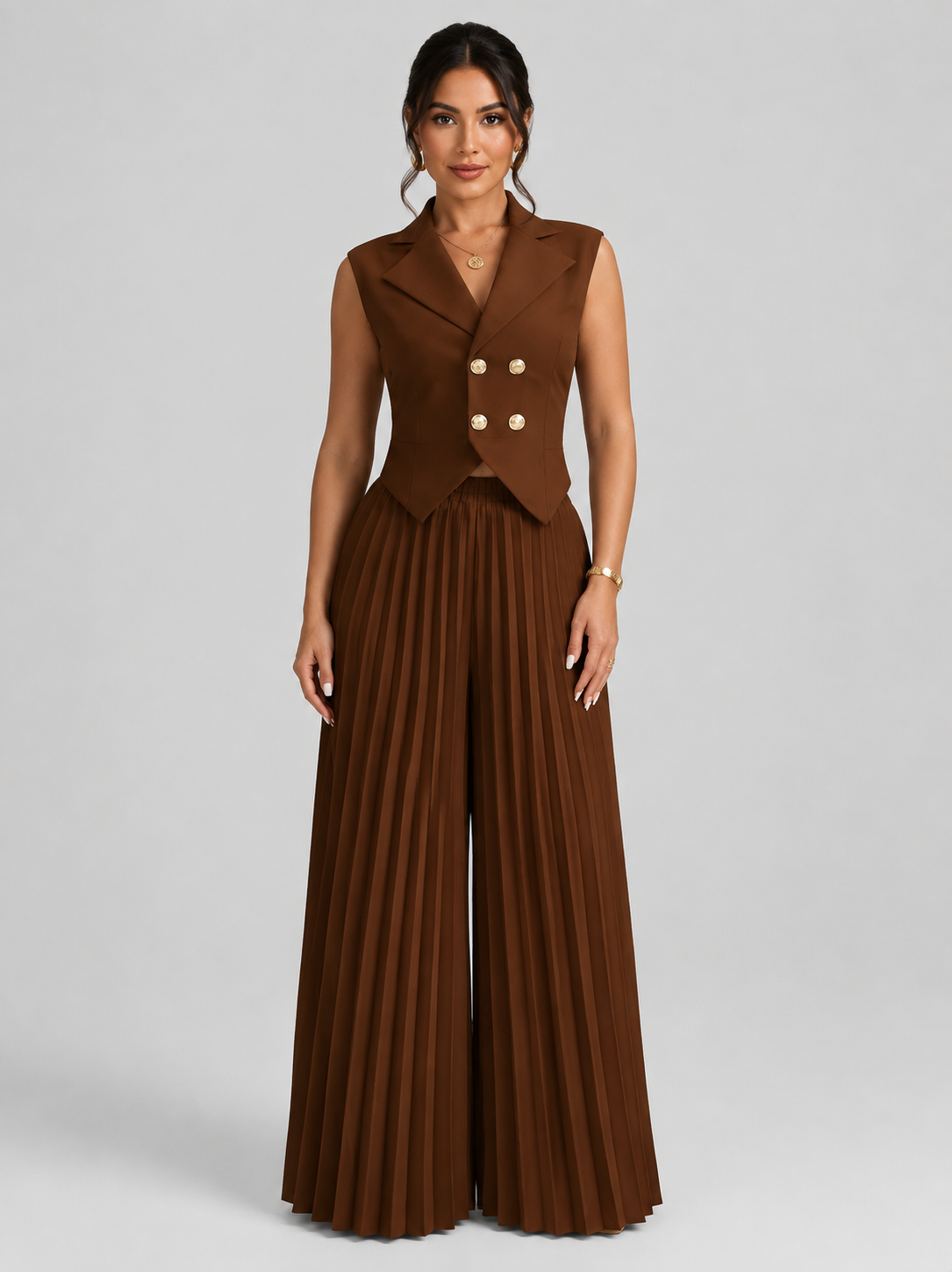 Women’s Double-Breasted Vest Set with Pleated Wide-Leg Pants