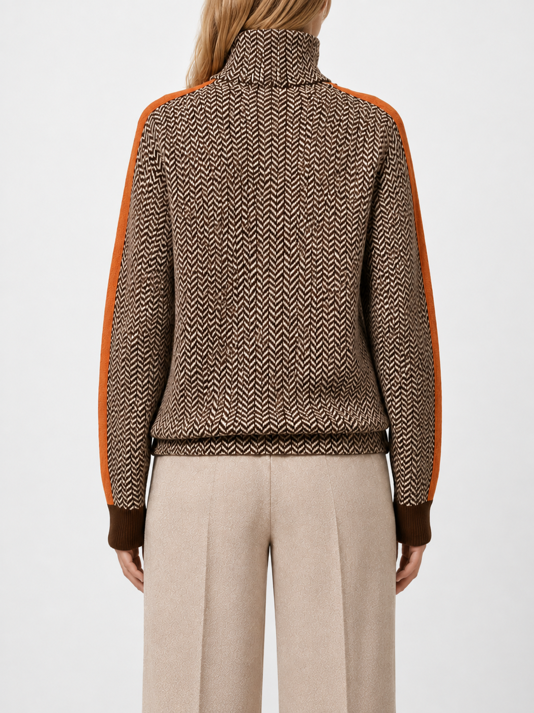 Women’s Herringbone Turtleneck Sweater with Contrast Sleeves