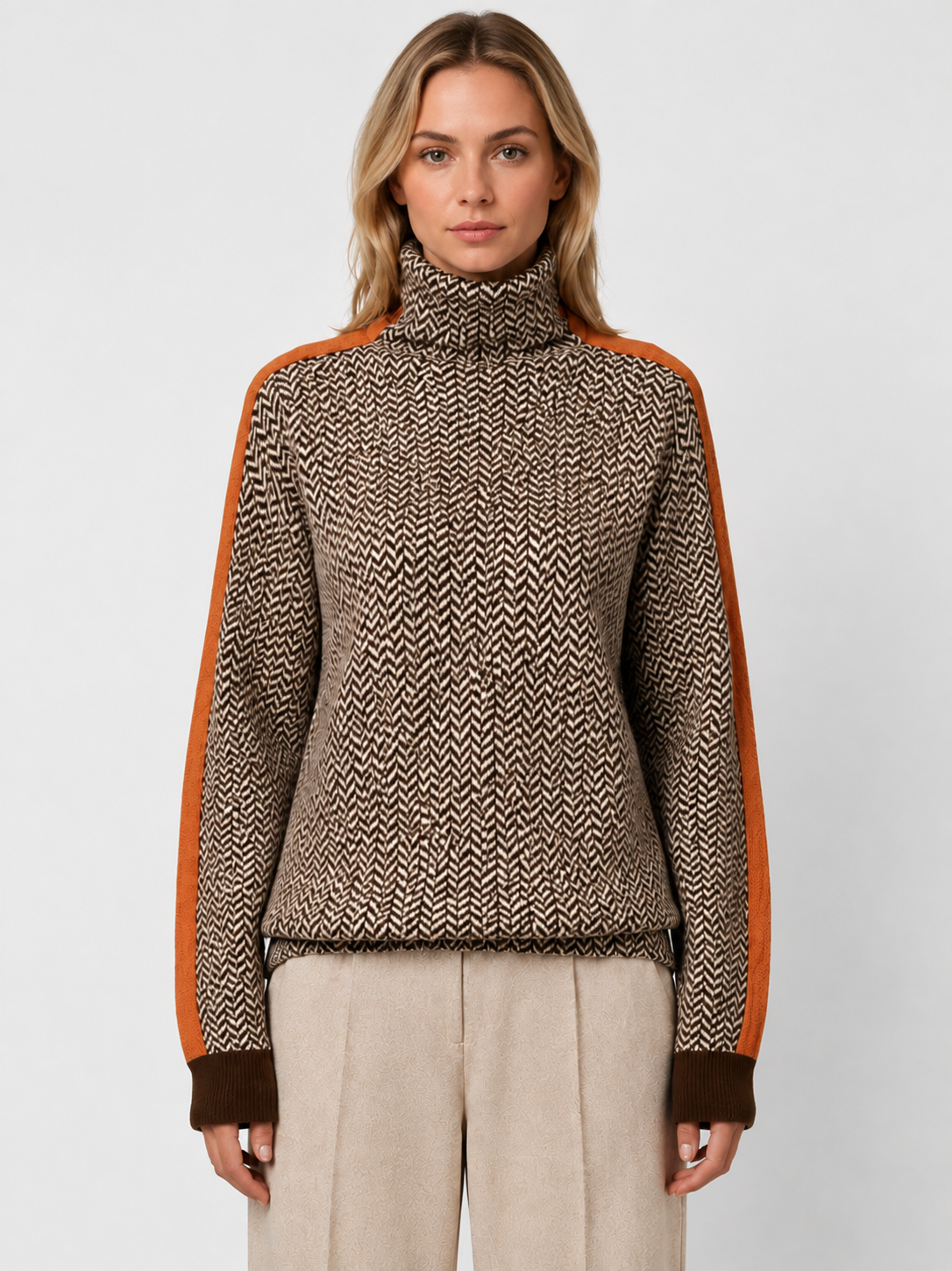 Women’s Herringbone Turtleneck Sweater with Contrast Sleeves