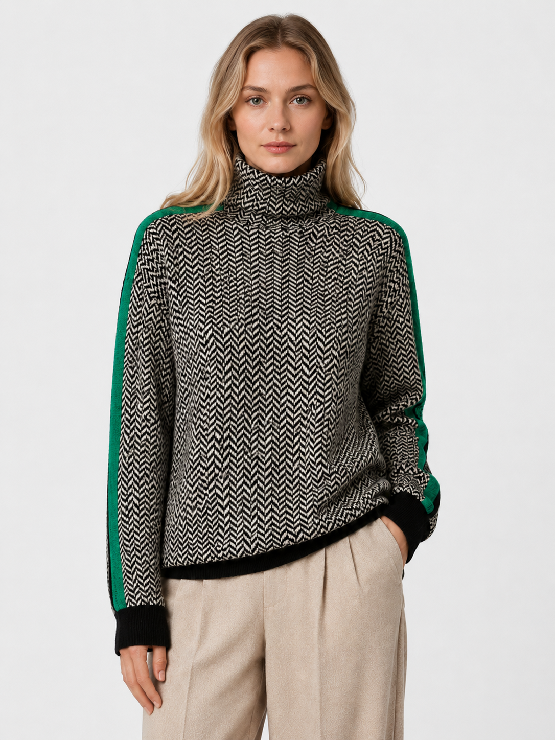 Women’s Herringbone Turtleneck Sweater with Contrast Sleeves