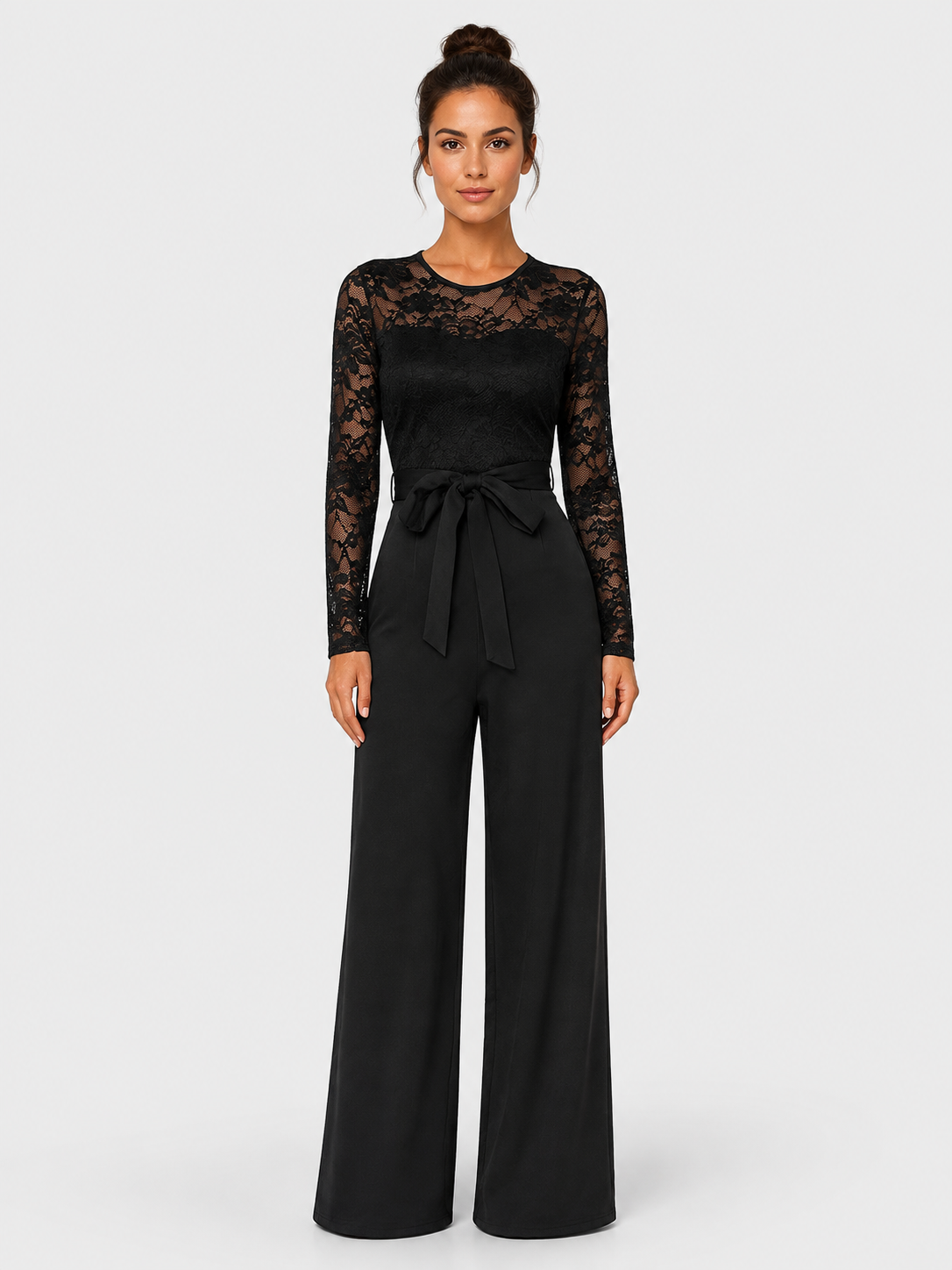 Women’s Lace Jumpsuit with Wide Legs and Waist Sash