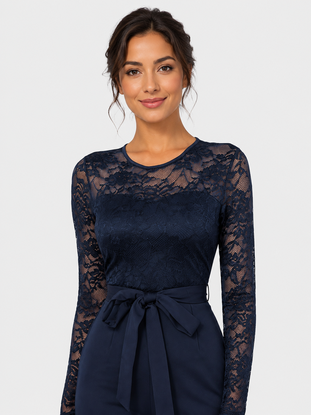 Women’s Lace Jumpsuit with Wide Legs and Waist Sash