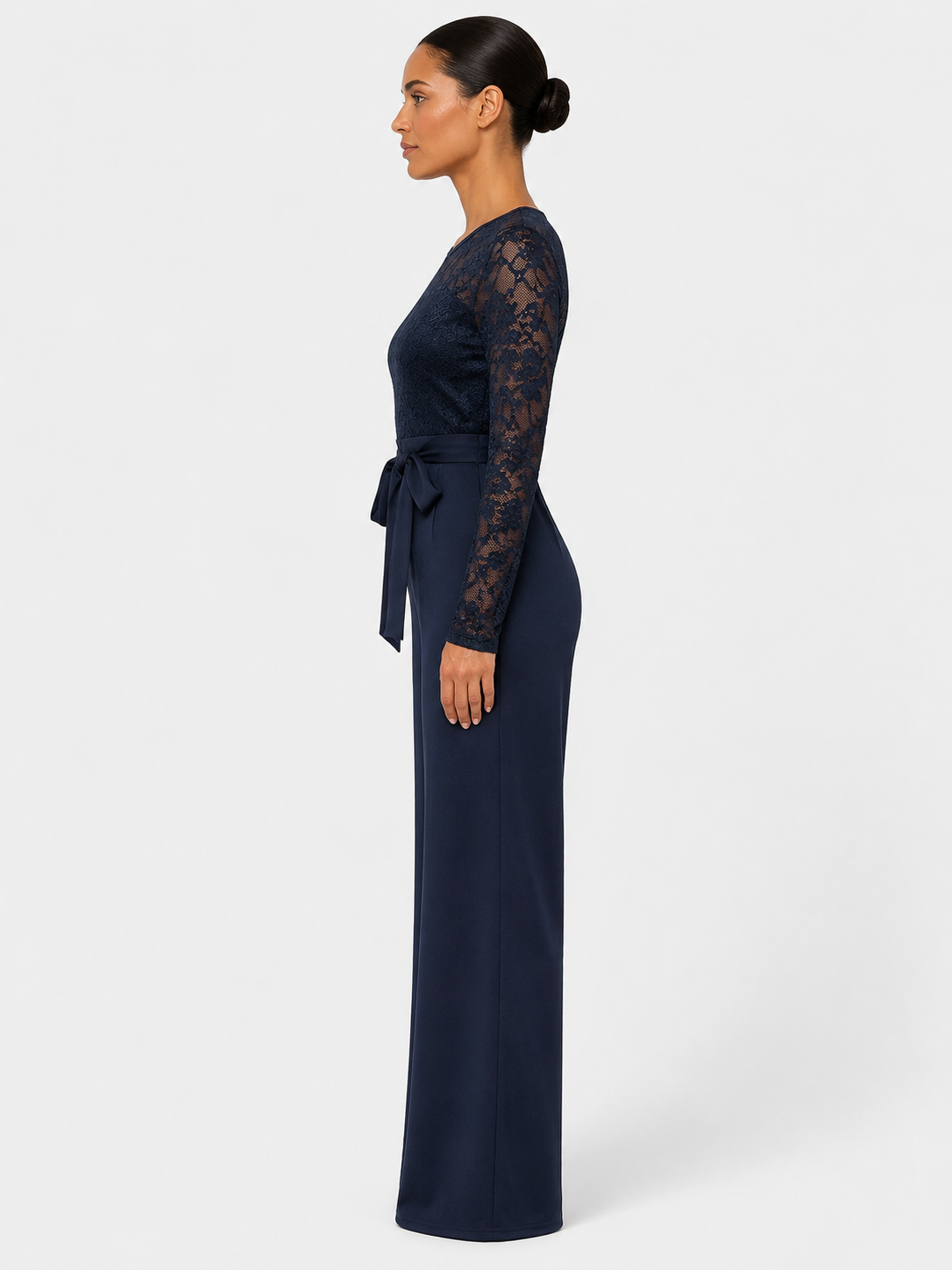 Women’s Lace Jumpsuit with Wide Legs and Waist Sash