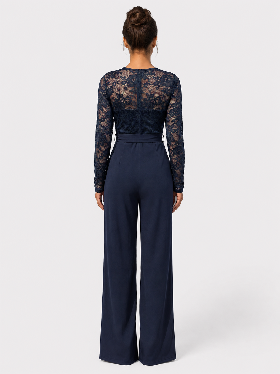 Women’s Lace Jumpsuit with Wide Legs and Waist Sash