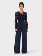 Women’s Lace Jumpsuit with Wide Legs and Waist Sash
