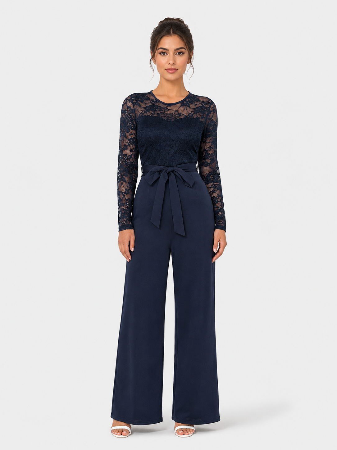 Women’s Lace Jumpsuit with Wide Legs and Waist Sash