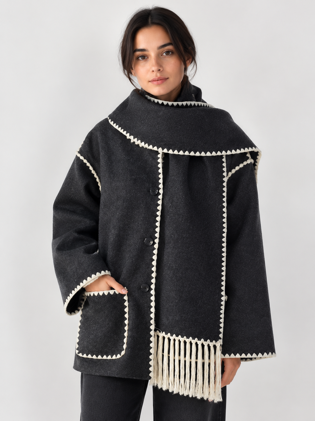 Women’s Loose-Fit Mid-Length Coat with Scarf Detail