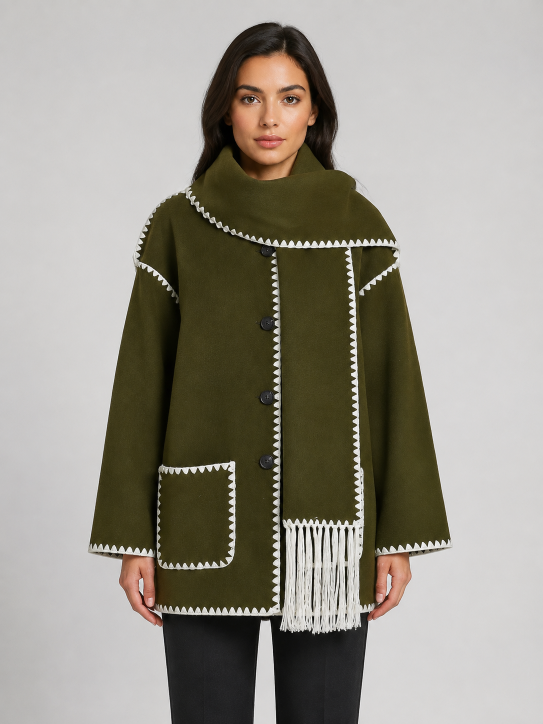Women’s Loose-Fit Mid-Length Coat with Scarf Detail
