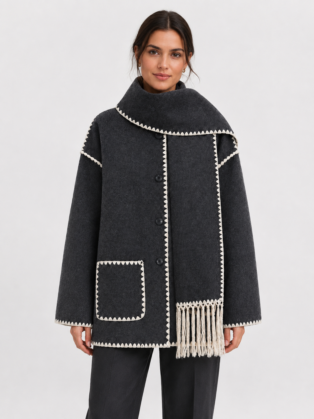 Women’s Loose-Fit Mid-Length Coat with Scarf Detail