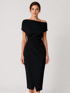 Women’s Off-Shoulder Midi Dress with Twisted Waist and Front Split