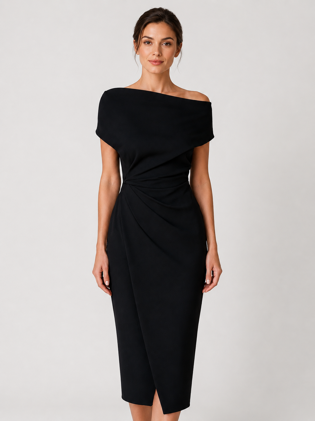 Women’s Off-Shoulder Midi Dress with Twisted Waist and Front Split