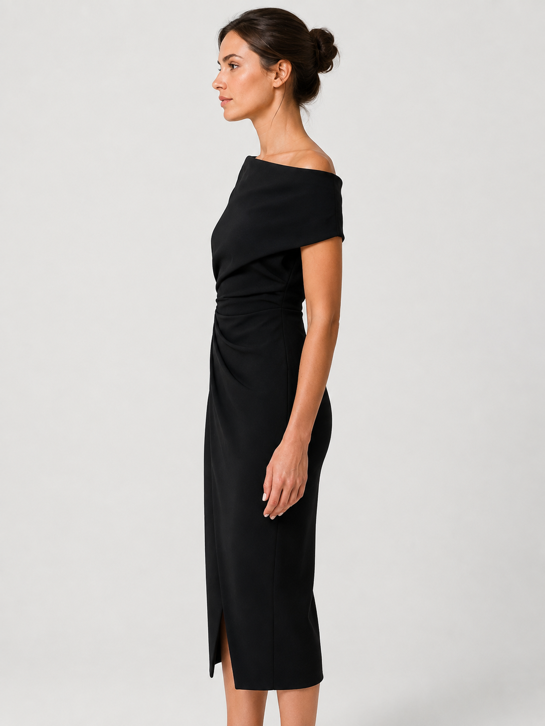 Women’s Off-Shoulder Midi Dress with Twisted Waist and Front Split