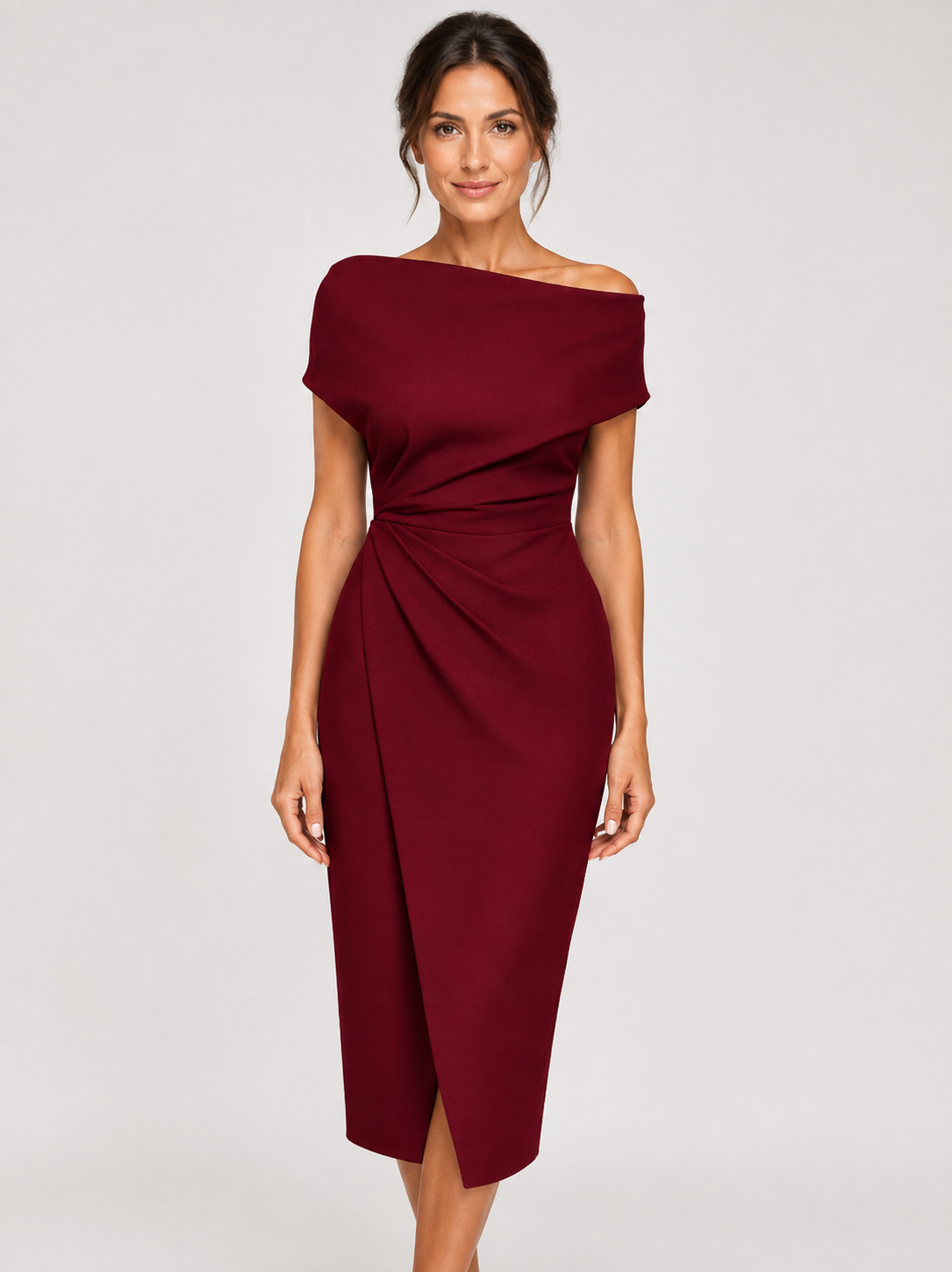 Women’s Off-Shoulder Midi Dress with Twisted Waist and Front Split