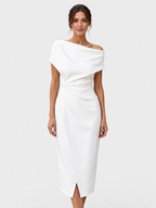 Women’s Off-Shoulder Midi Dress with Twisted Waist and Front Split