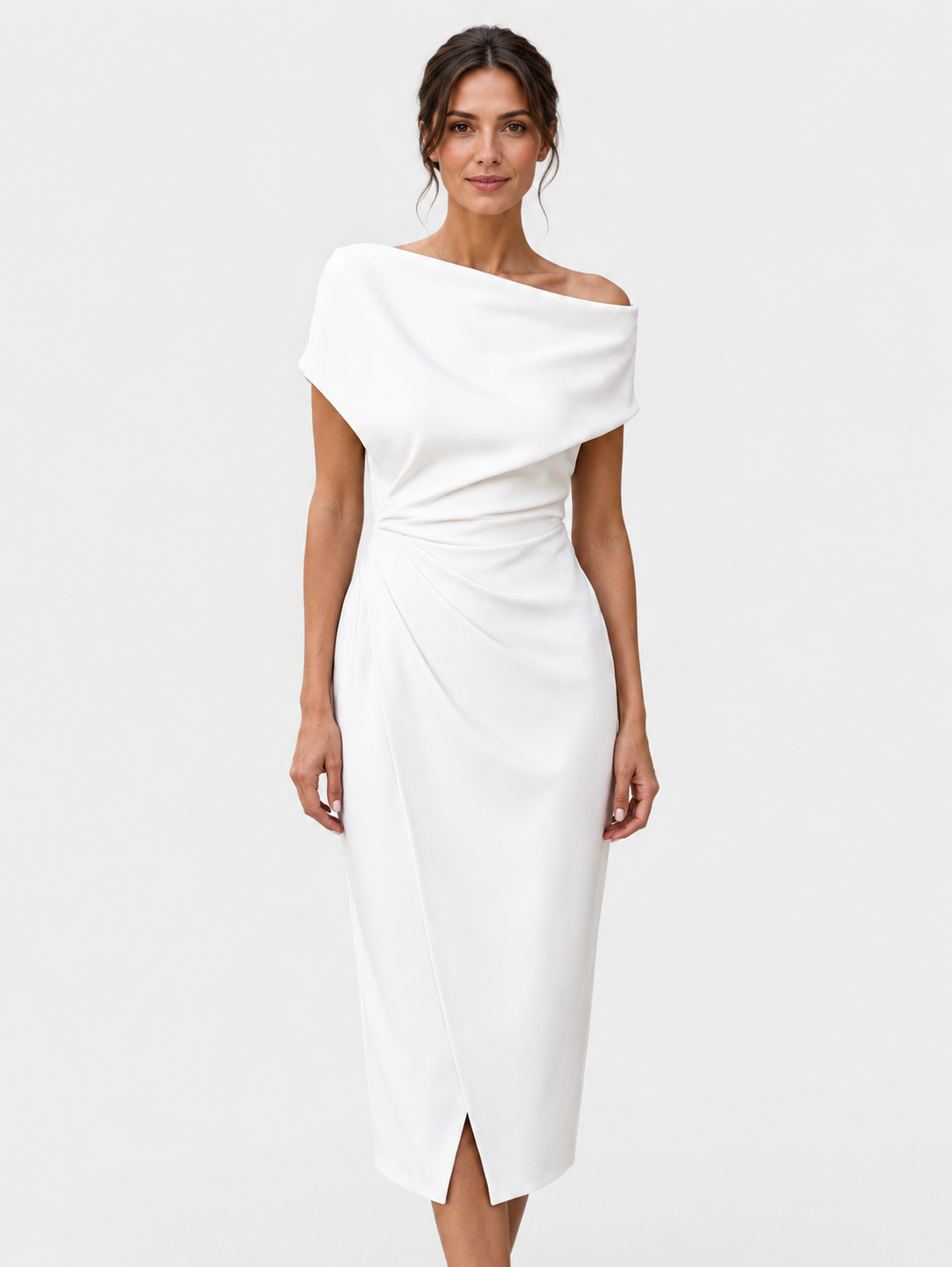 Women’s Off-Shoulder Midi Dress with Twisted Waist and Front Split