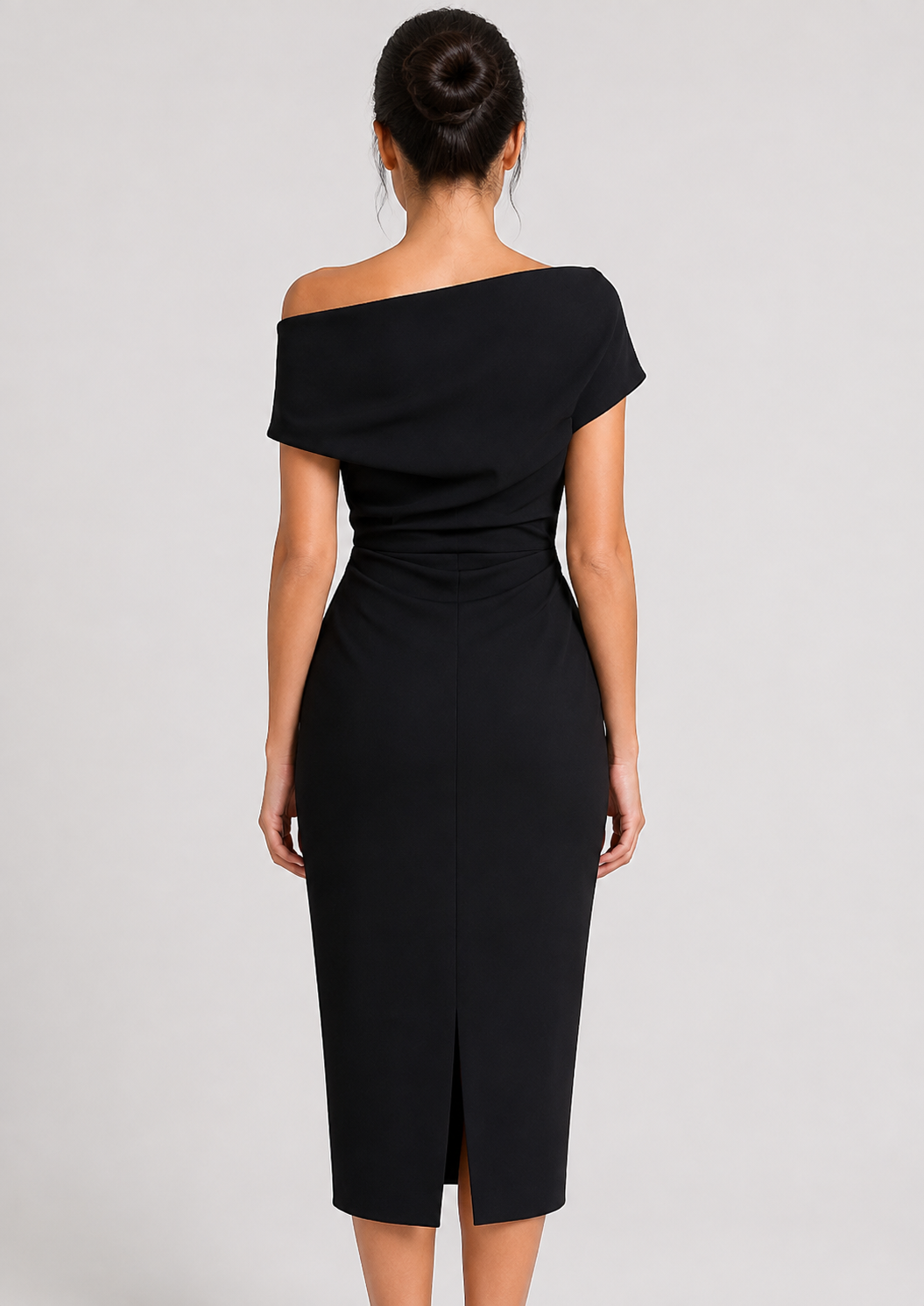 Women’s Off-Shoulder Midi Dress with Twisted Waist and Front Split
