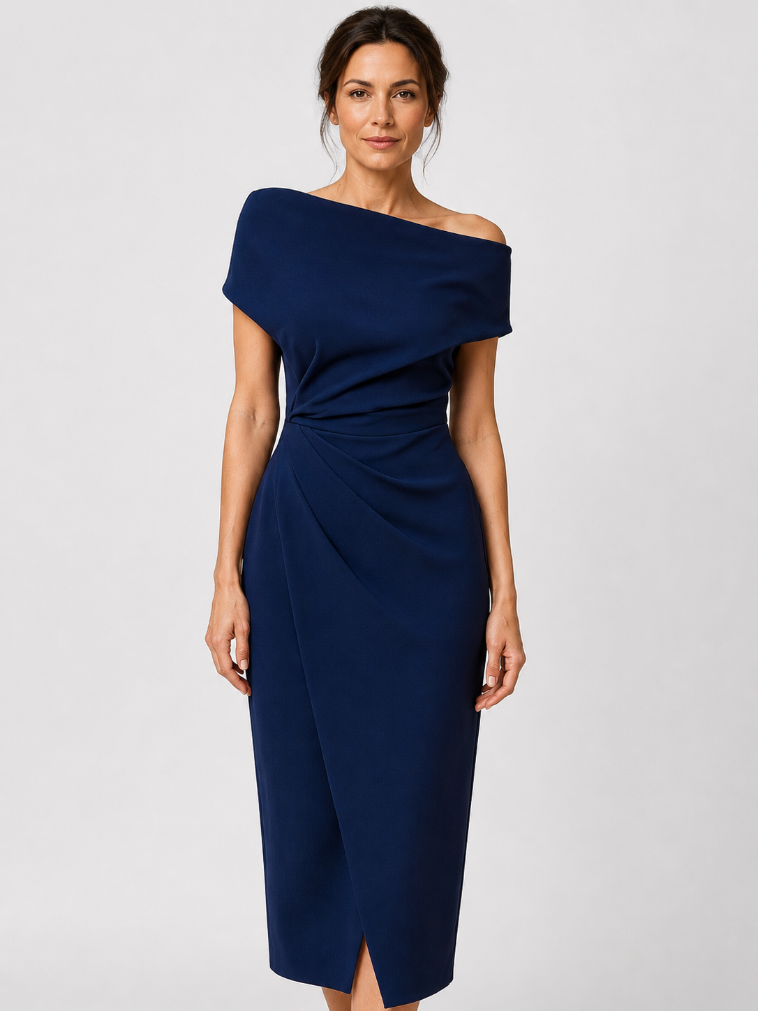 Women’s Off-Shoulder Midi Dress with Twisted Waist and Front Split