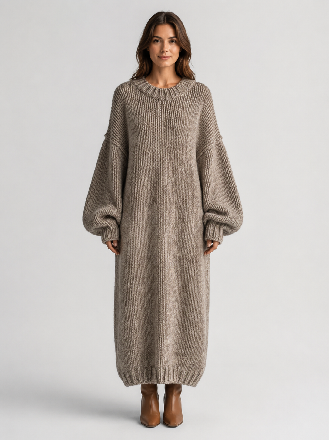 Women’s Oversized Knitted Maxi Dress with Balloon Sleeves