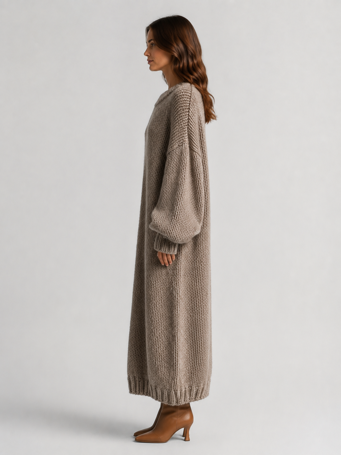 Women’s Oversized Knitted Maxi Dress with Balloon Sleeves