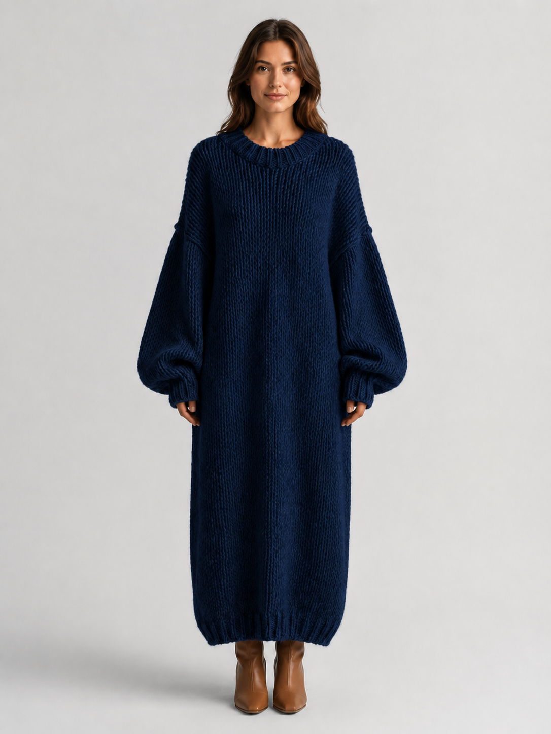 Women’s Oversized Knitted Maxi Dress with Balloon Sleeves