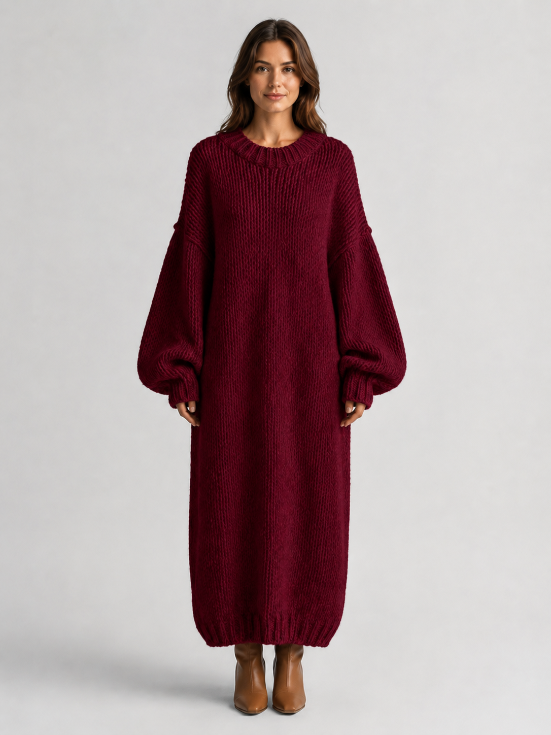 Women’s Oversized Knitted Maxi Dress with Balloon Sleeves