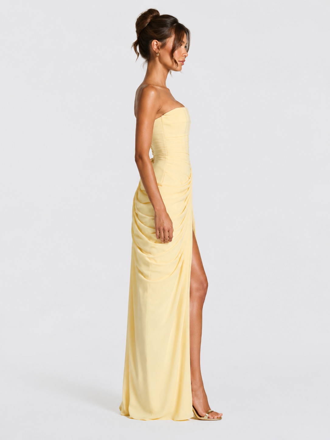 Women’s Strapless Maxi Dress with Draped Skirt and Front Slit