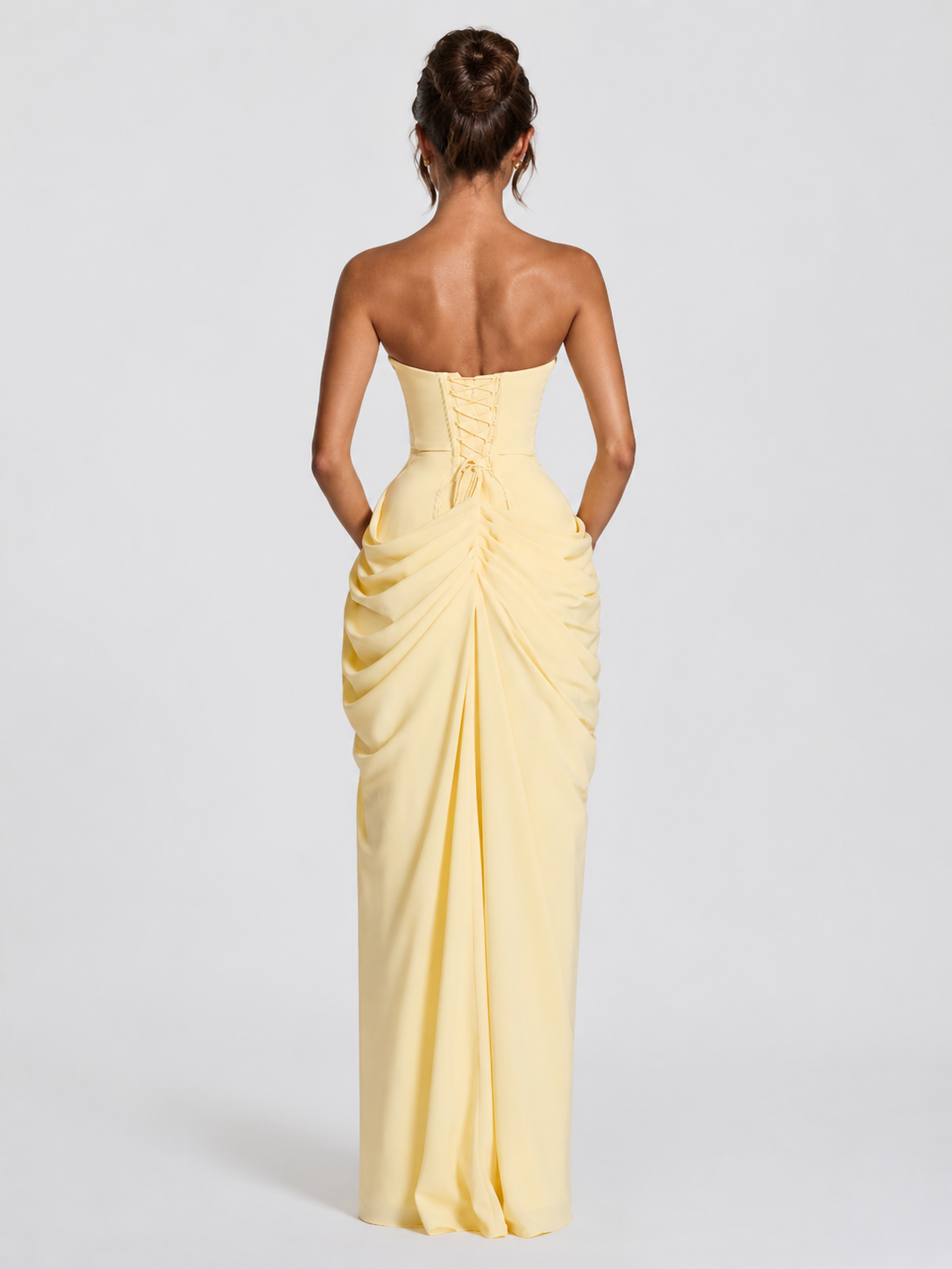 Women’s Strapless Maxi Dress with Draped Skirt and Front Slit