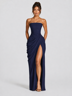 Women’s Strapless Maxi Dress with Draped Skirt and Front Slit