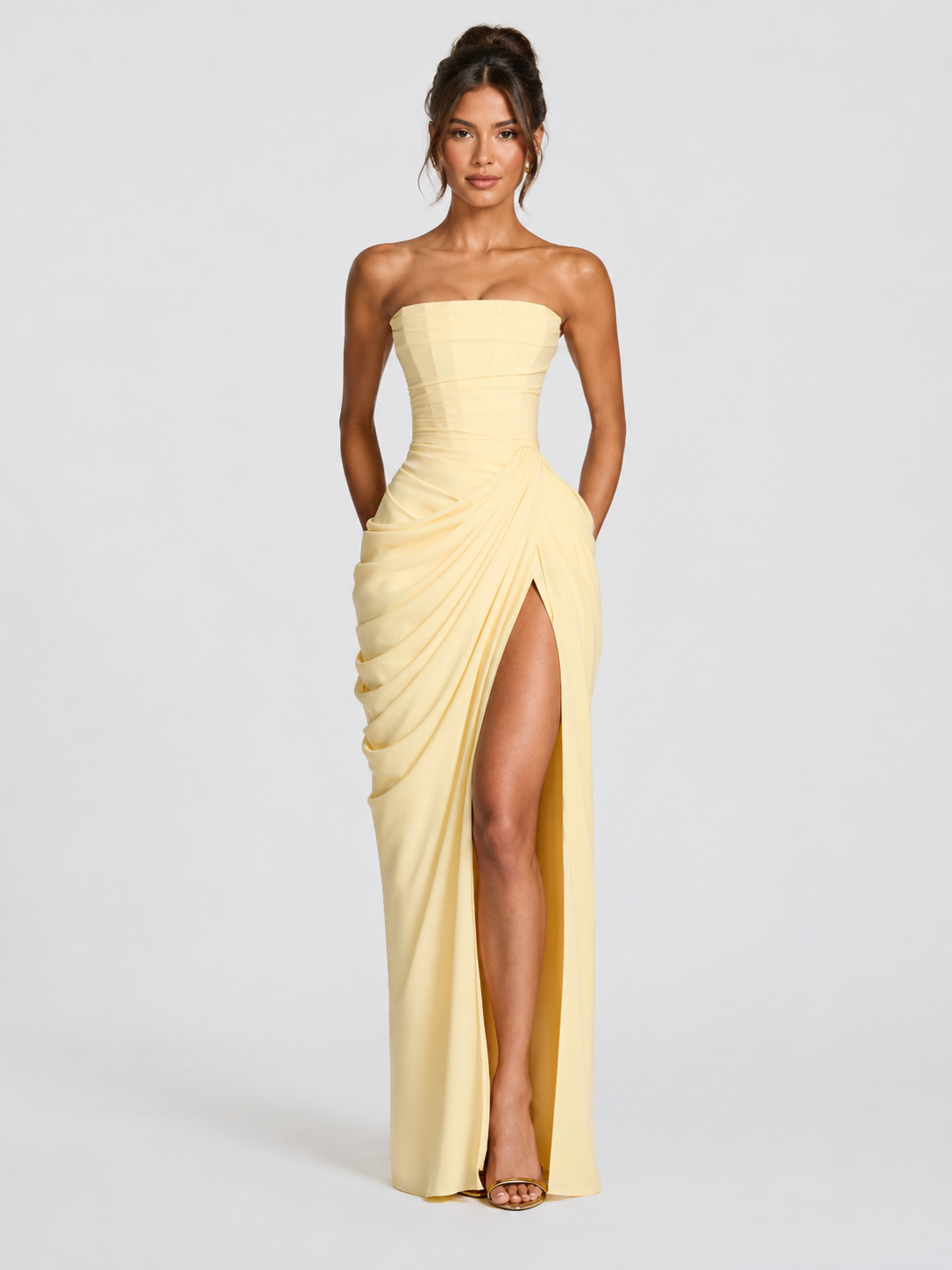 Women’s Strapless Maxi Dress with Draped Skirt and Front Slit