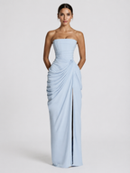 Women’s Strapless Maxi Dress with Draped Skirt and Front Slit