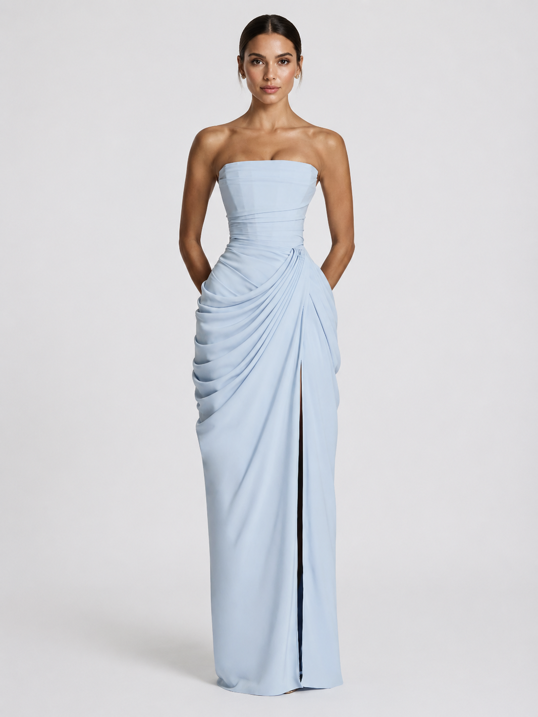 Women’s Strapless Maxi Dress with Draped Skirt and Front Slit