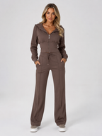 Women’s Two-Piece Tracksuit Set with Zip-Up Hooded Top and Wide-Leg Pants